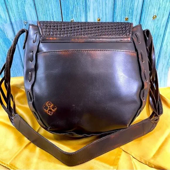 Patricia Nash Leather Woven Large Flap Saddle Crossbody Handbag Boho Purse